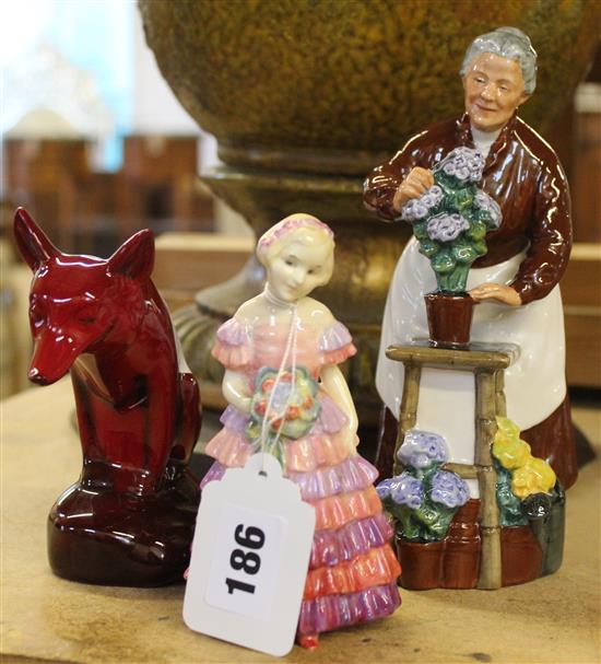 3 Royal Doulton figures- Flambe Fox, The Bridesmaid HN1433 and Flora HN2349